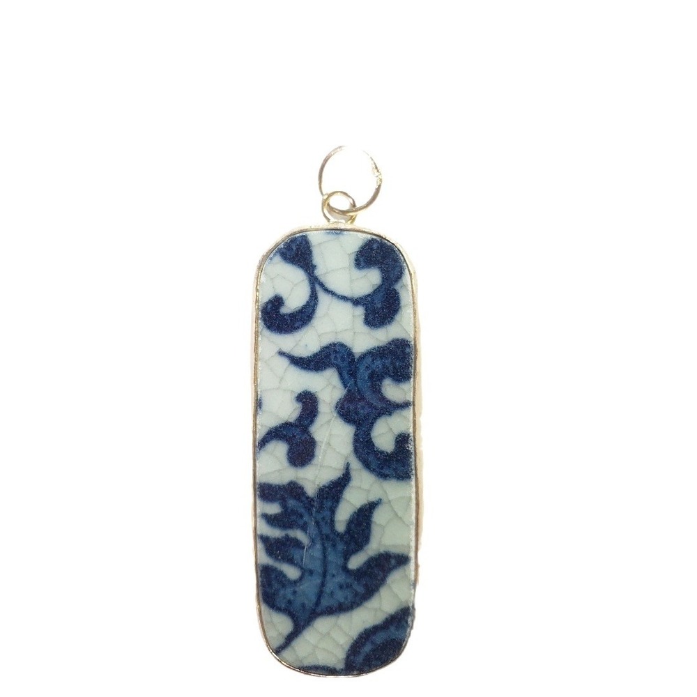Blue & White Chinoiserie Porcelain Pottery Shard Pendant Rectangle Floral Focal